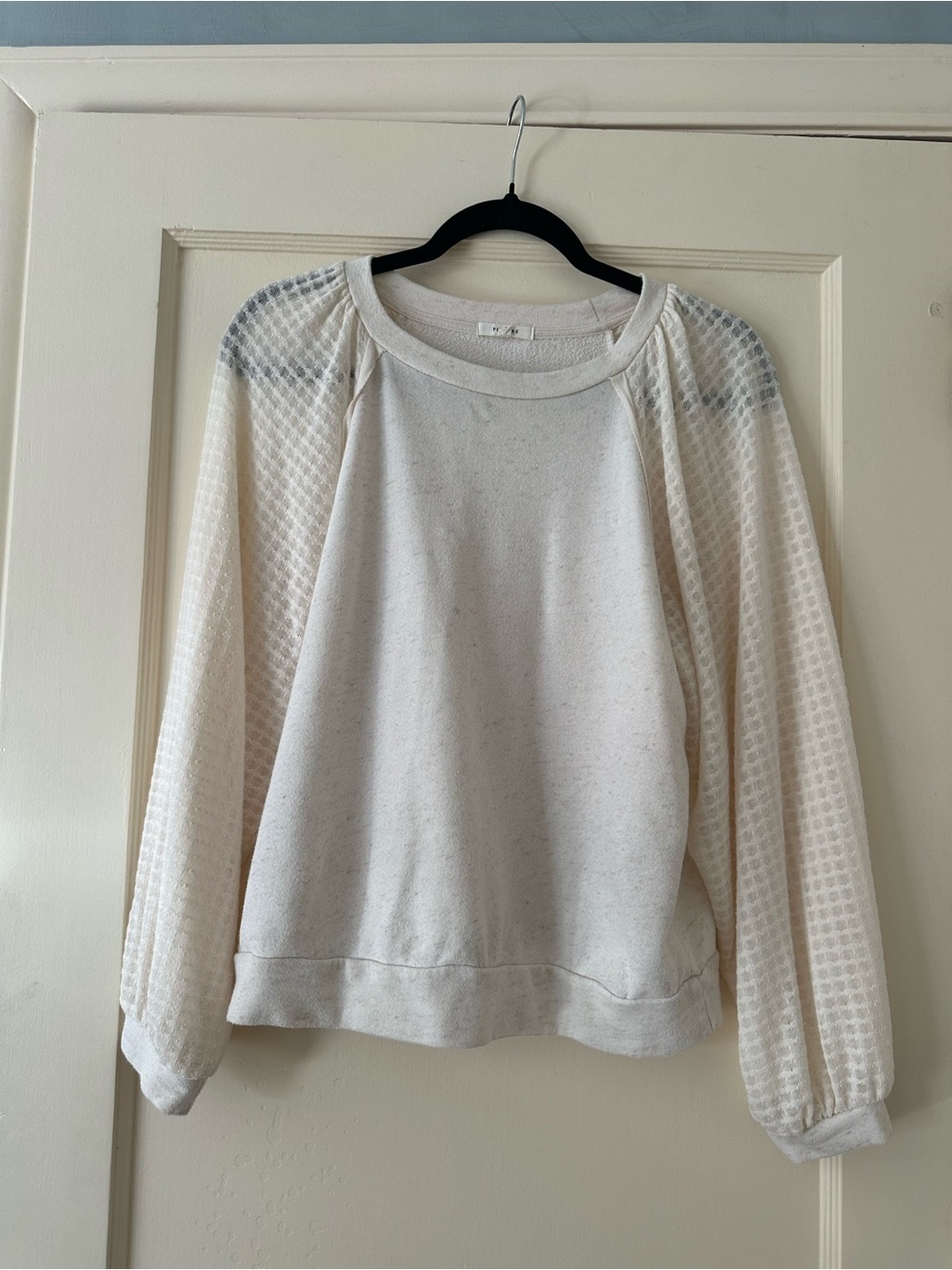 Pleione Cream Waffle-Sleeve Scoop Neck Pullover
